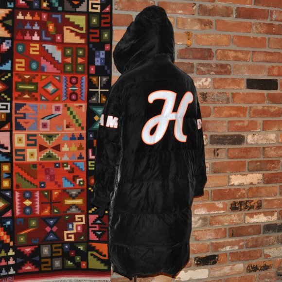 Black Silky Velvet Puffer Long Coat Sequin Pikachu Elmo DREAM "Don't Give Up" M - Picture 10 of 15